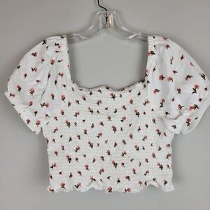 American Eagle Outfitters White Smocked Crop Top with Pink Floral Print